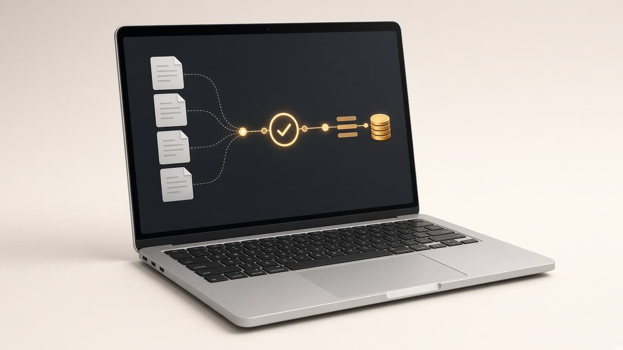 Laptop showing invoices moving through an amber approval path to payment