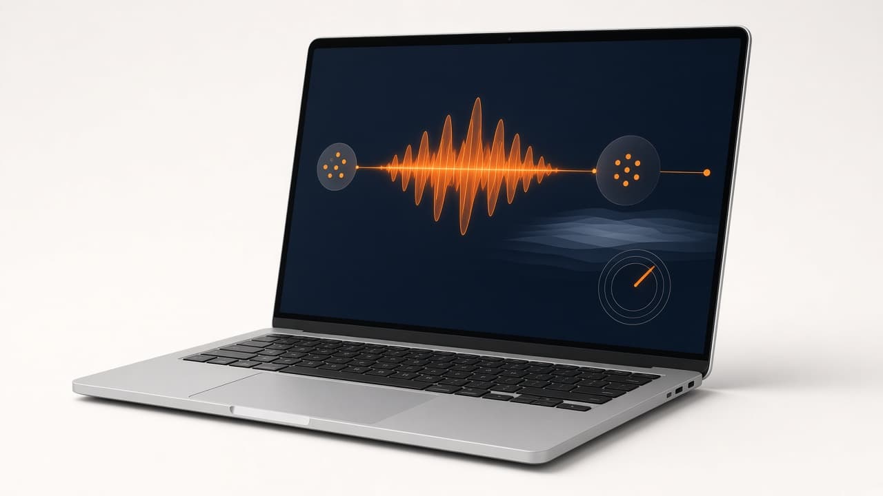 Laptop showing a Voice Flow AI console with an orange voice waveform