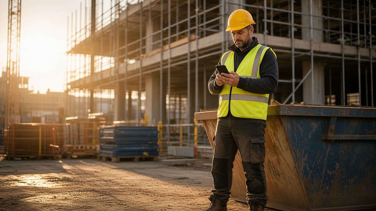 A site manager checking a job on a phone beside a hired skip