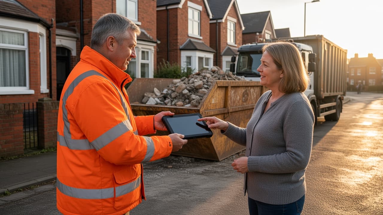 A driver taking a customer signature beside a skip on a residential street