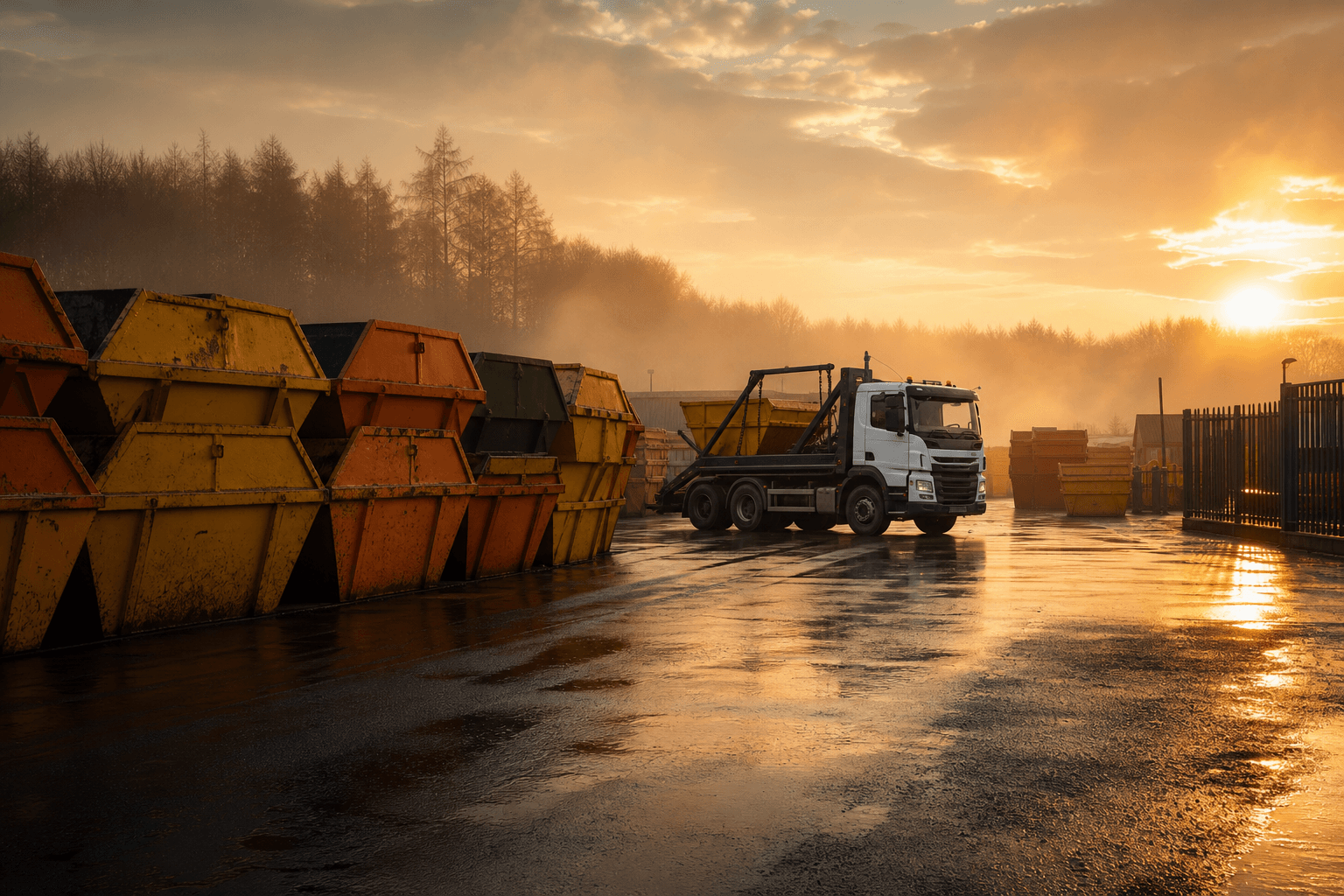 Skip lorries and stacked skips in a UK yard at sunrise