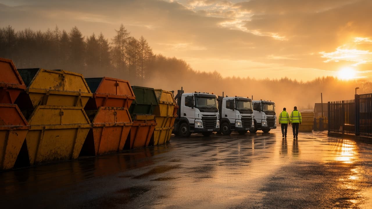 Skip lorries lined up at dawn, ready to leave the yard