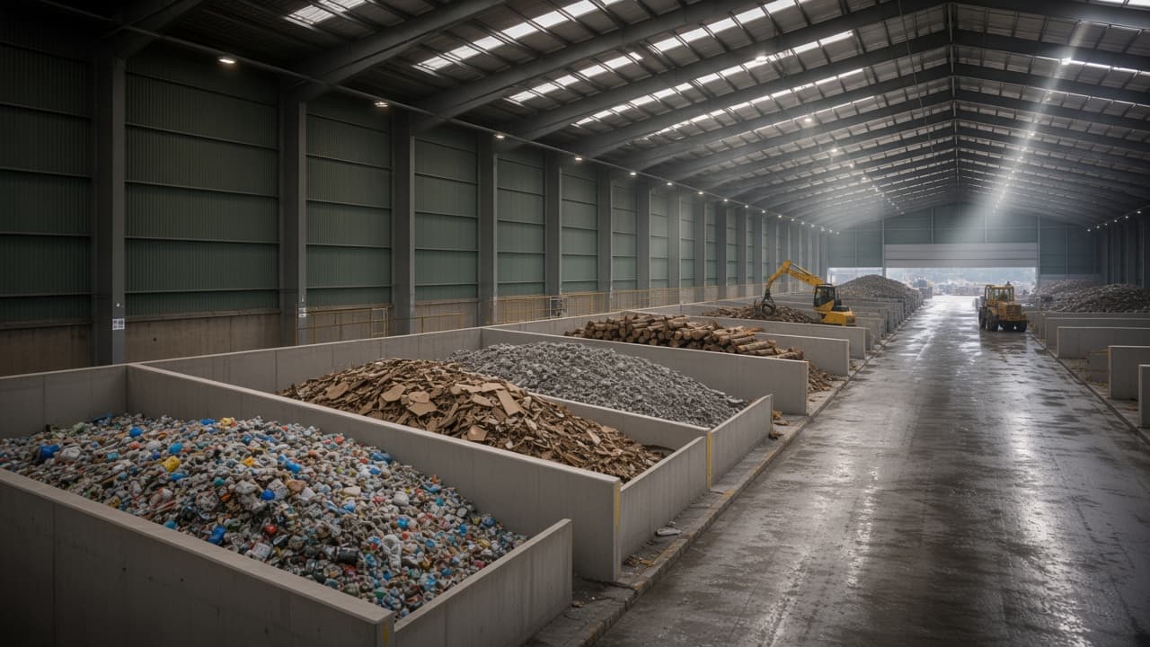 Separated waste bays inside a materials recovery shed