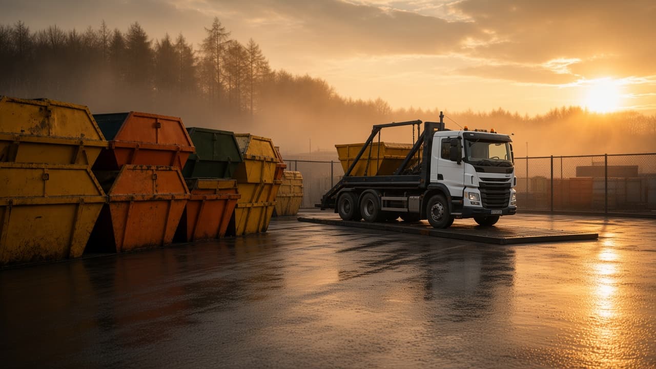 A skip lorry stopped on a yard weighbridge at sunset